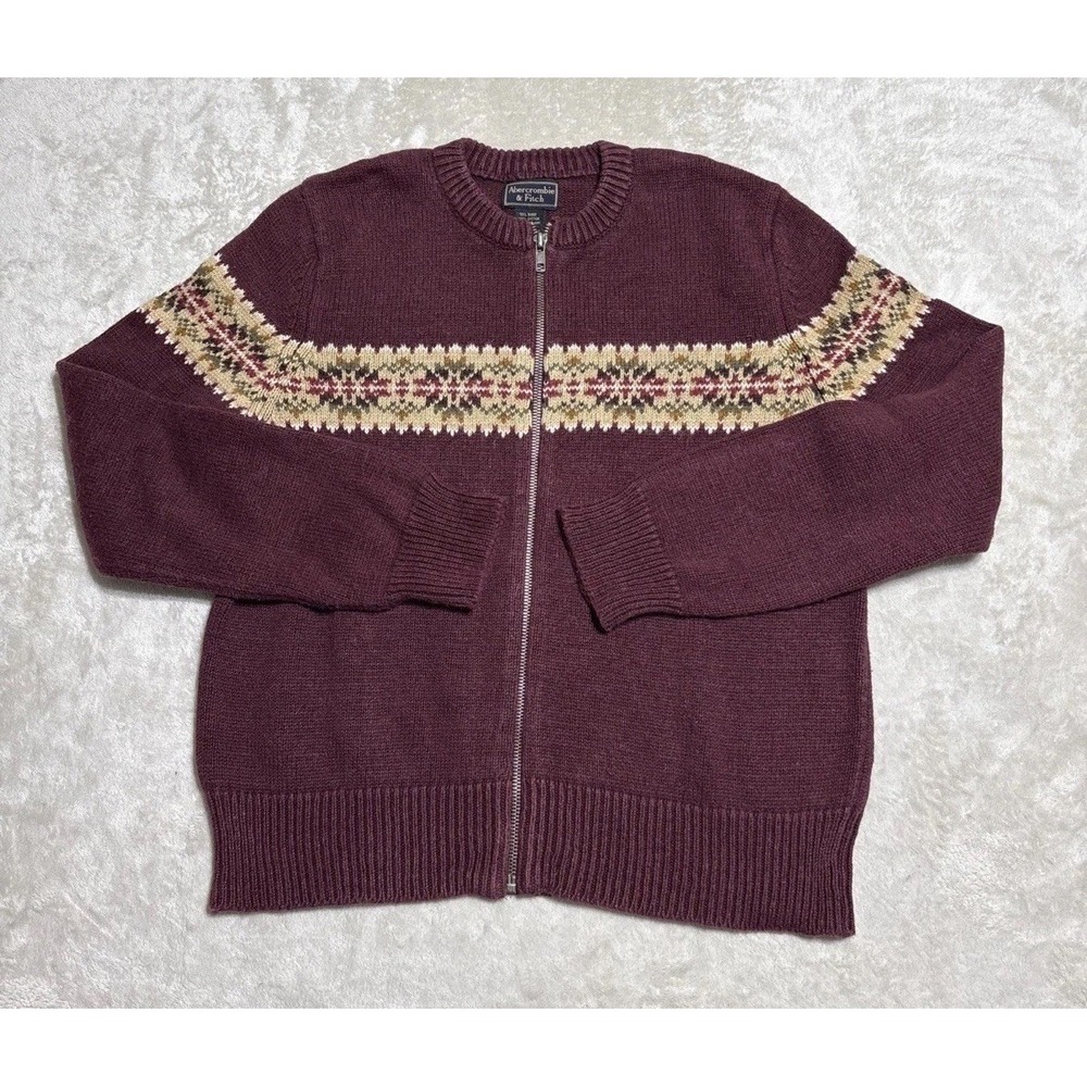 VTG Abercrombie Fitch Sweater Womens Large Red Fair Isle Full Zip Cardigan Y2K